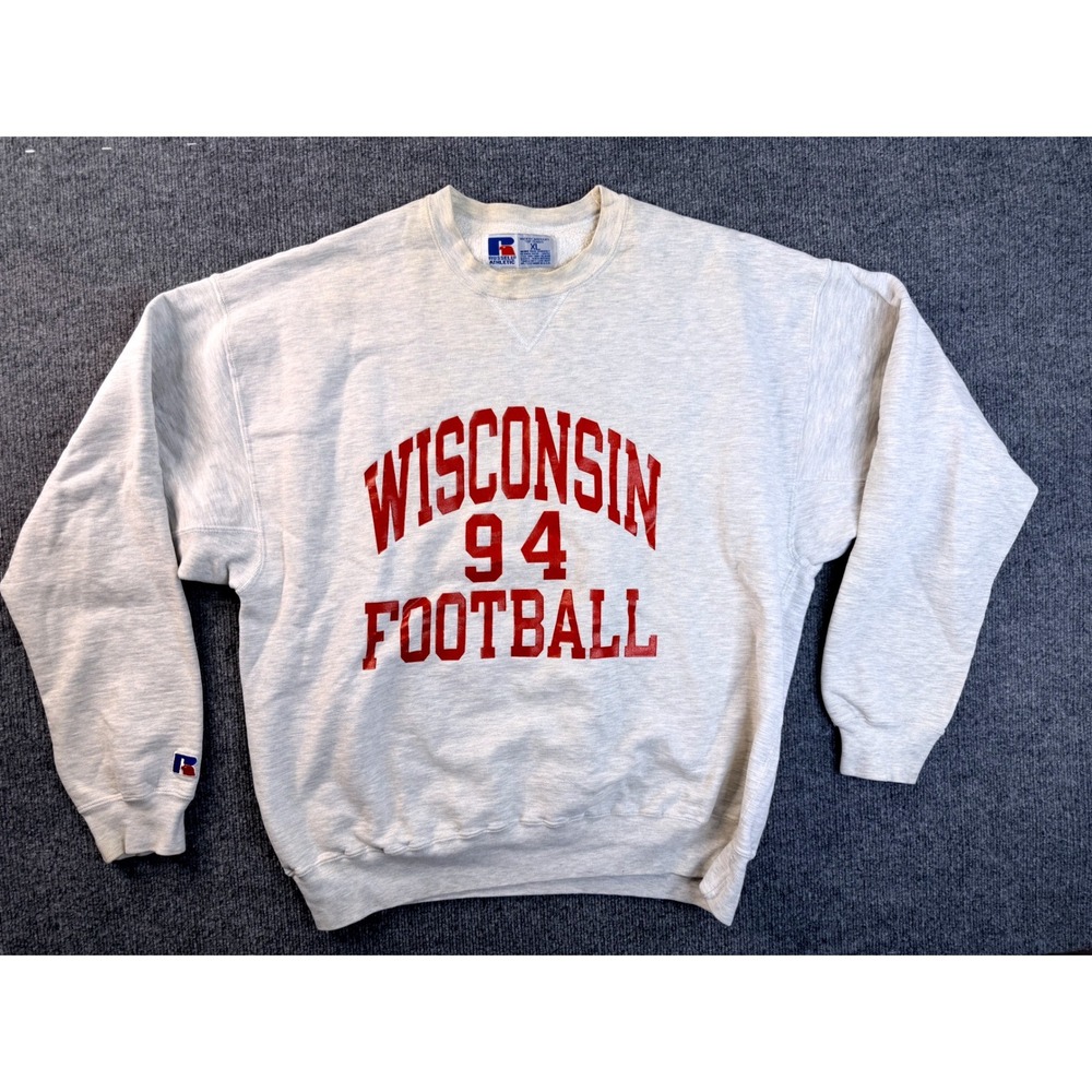 Vintage Russell Athletic Wisconsin 94 Football Sweatshirt XL Gray USA Made 90s
